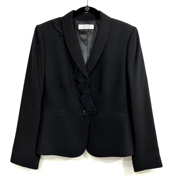 Tahari Arthur Levine Black Suit Jacket / Blazer 100% Silk Ruffle Detail Size 14 - Picture 1 of 16
